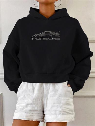 BRZ Collection Relaxed Fit Taş Baskılı Porsche Crop Hoodie Siyah