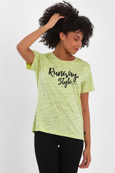 BRZ Collection Sarı Renk Siyah  Kırçıllı Kadın Kısa Kollu T-shirt