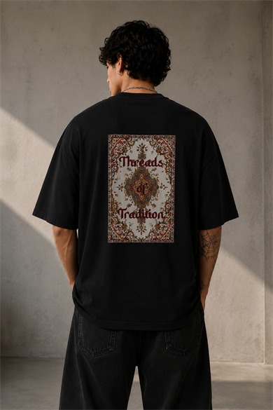 BRZ Collection Unisex Oversize Threads of Tradition Vintage Halı Motifli T-shirt (Siyah)