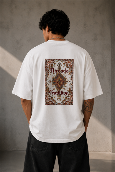 BRZ Collection Unisex Oversize Threads of Tradition Vintage Halı Motifli T-shirt (BEYAZ)