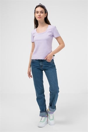 BRZ Collection U Yaka Kadın Kısa Kollu Ribana T-shirt
