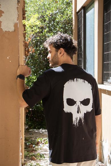 BRZ Collection Unisex Ön ve Arka Baskılı Oversize Angry Skull  T-shirt