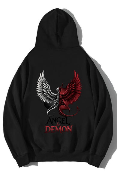BRZ Collection Unisex Oversize Angel & Demon Hoodie Siyah
