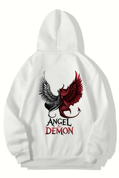 BRZ Collection Unisex Oversize Angel & Demon Hoodie (BEYAZ)