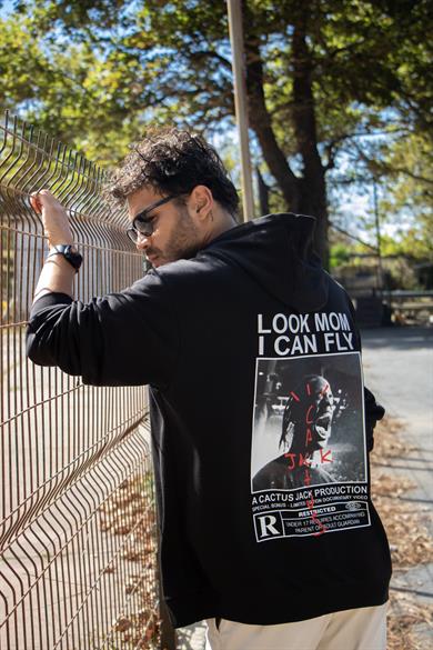 BRZ Collection Unisex Oversize Arka Baskılı Look Mom I Can Fly Hoodie
