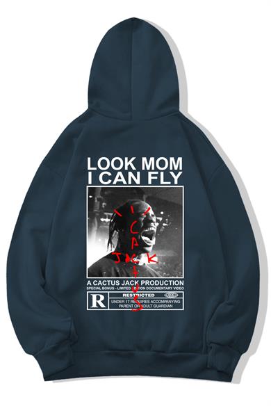 BRZ Collection Unisex Oversize Arka Baskılı Look Mom I Can Fly Hoodie