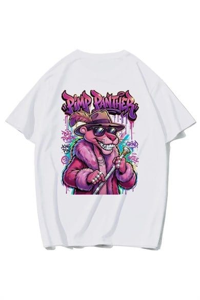 BRZ Collection Unisex Oversize Arka Baskılı Pimp Panther T-shirt (BEYAZ)