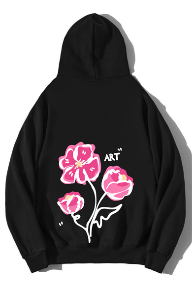 BRZ Collection Unisex Oversize Art Çiçek Hoodie Siyah