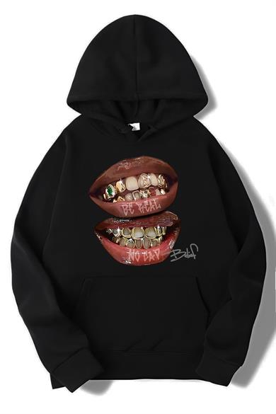 BRZ Collection Unisex Oversize Be Real No Cap Grillz Tee Hoodie Siyah