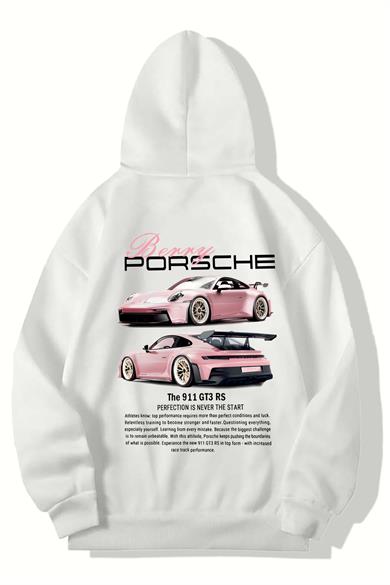 BRZ Collection Unisex Oversize Berry Porsche Hoodie (BEYAZ)