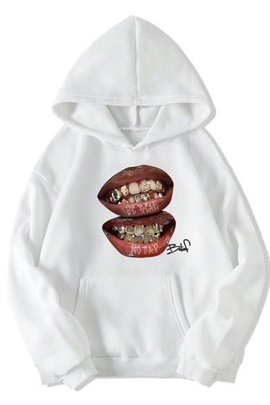 BRZ Collection Unisex Oversize (BEYAZ) Be Real No Cap Grillz Tee Hoodie (BEYAZ)