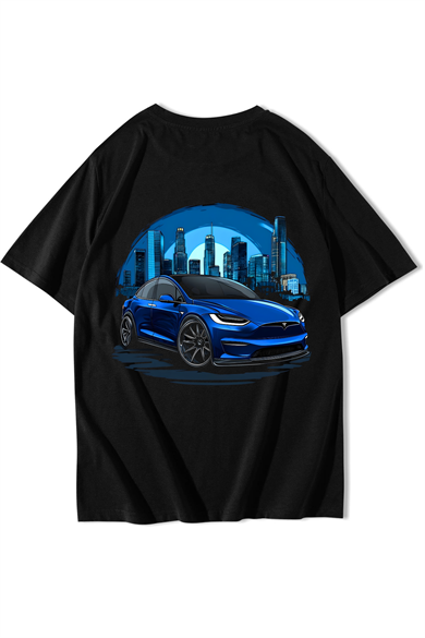 BRZ Collection Unisex Oversize Blue Tesla City T-shirt Siyah