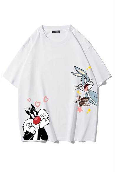 BRZ Collection Unisex Oversize Bugs Bunny & Sylvester T-shirt BEYAZ