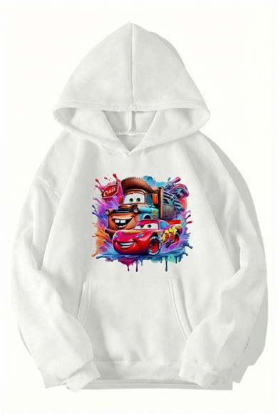 BRZ Collection Unisex Oversize - Cars - McQueen & Tow Mater Best Friends Hoodie (BEYAZ)