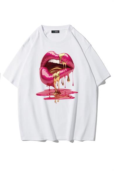 BRZ Collection Unisex Oversize Casu Lip Dudak Baskılı T-shirt Beyaz