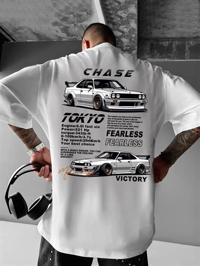 BRZ Collection Unisex Oversize Chase Tokyo Fearless T-shirt (BEYAZ)