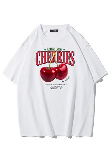 BRZ Collection Unisex Oversize Cherries T-shirt Beyaz