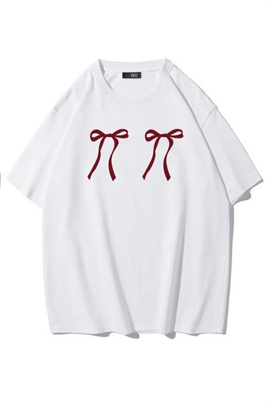 BRZ Collection Unisex Oversize Çift Fiyonk Desenli T-shirt Beyaz