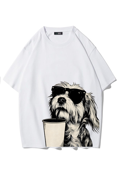 BRZ Collection Unisex Oversize Cool Shih Tzu T-shirt (BEYAZ)