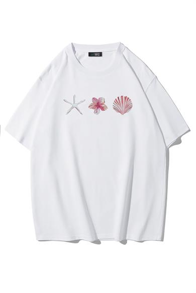 BRZ Collection Unisex Oversize Deniz Yıldızı, Çiçek ve Deniz Kabuğu T-shirt Beyaz