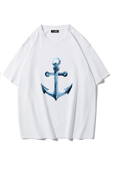 BRZ Collection Unisex Oversize Denizci Çapa T-shirt (BEYAZ)