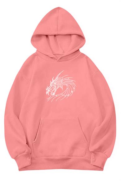 BRZ Collection Unisex Oversize Dragon Kristal Taş Baskılı Hoodie Pembe