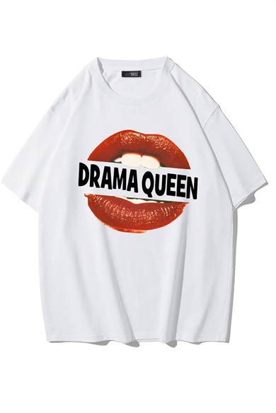 BRZ Collection Unisex Oversize Drama Queen Lips T-Shirt (BEYAZ)