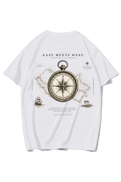 BRZ Collection Unisex Oversize East Meets West T-shirt (BEYAZ)