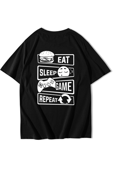 BRZ Collection Unisex Oversize Eat - Sleep - Game - Repeat T-shirt Siyah