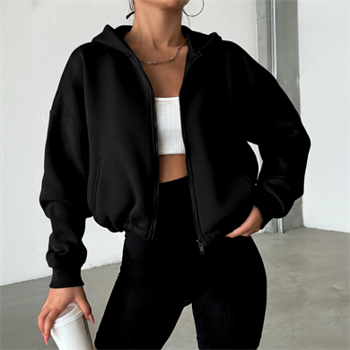 BRZ Collection Kadın Oversize Fermuarlı Basic Crop Hoodie Siyah