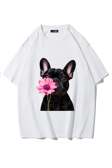 BRZ Collection Unisex Oversize French Bulldog T-shirt (BEYAZ)