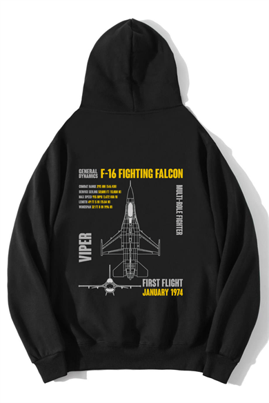 BRZ Collection Unisex Oversize General Dynamics F-16 Fighting Falcon Hoodie Siyah