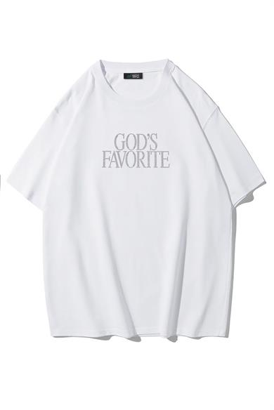 BRZ Collection Unisex Oversize Gods Favorite Kristal Taş Baskılı T-shirt Beyaz