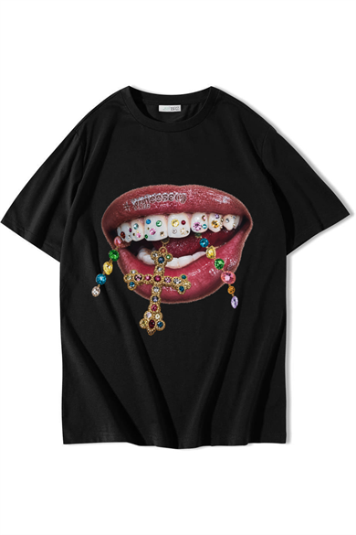 BRZ Collection Unisex Oversize Grillz Renkli Taş Dudak Desenli T-shirt Siyah