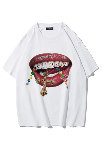 BRZ Collection Unisex Oversize Grillz Renkli Taş Dudak Desenli T-shirt (BEYAZ)