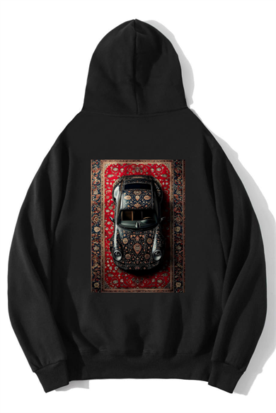 BRZ Collection Unisex Oversize Halı Desenli Araba Hoodie Siyah
