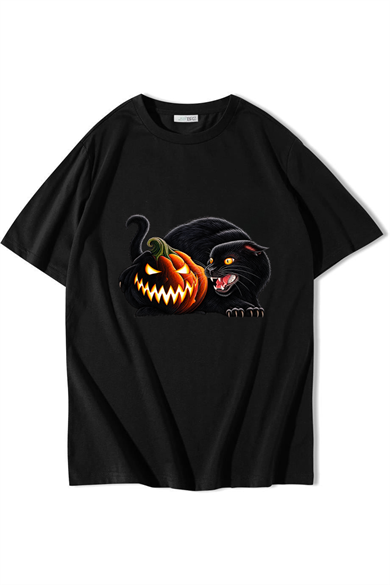 BRZ Collection Unisex Oversize Halloween Pumpkin Black Cat T-shirt Siyah