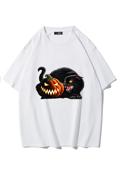 BRZ Collection Unisex Oversize Halloween Pumpkin Black Cat T-shirt BEYAZ
