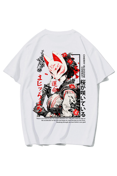 BRZ Collection Unisex Oversize Kitsune Sakura Warrior T-shirt (BEYAZ)