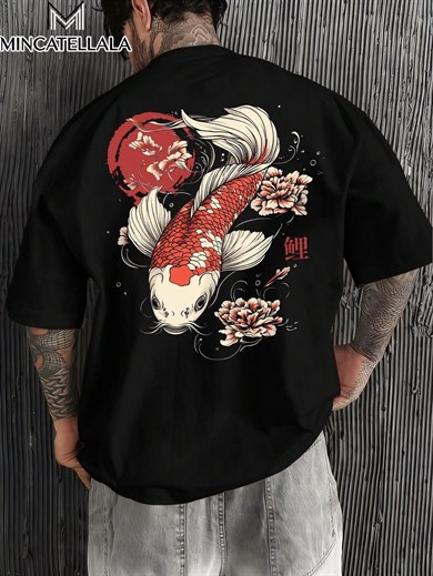 BRZ Collection Unisex Oversize Koi Fish T-shirt Siyah