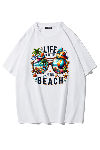 BRZ Collection Unisex Oversize Life Is Better At The Beach T-shirt (BEYAZ)
