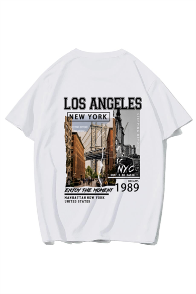 BRZ Collection Unisex Oversize Los Angeles & New York T-shirt (BEYAZ)