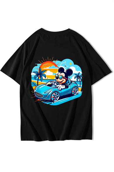 BRZ Collection Unisex Oversize Mickey Mouse Tatilde T-shirt Siyah