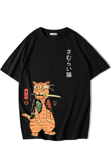 BRZ Collection Unisex Oversize Ninja Cat T-shirt Siyah