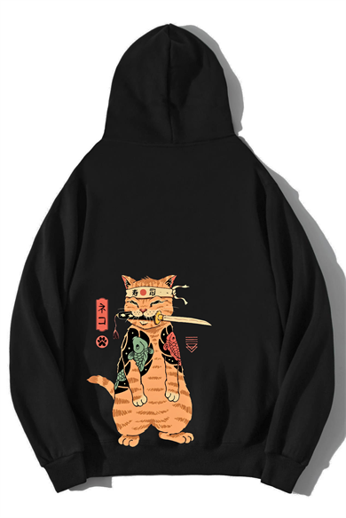 BRZ Collection Unisex Oversize Ninja Cat Hoodie Siyah