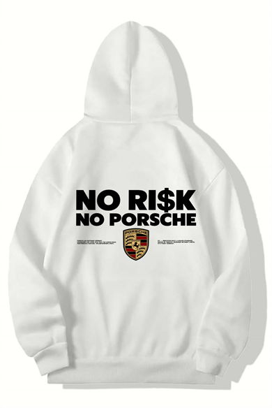BRZ Collection Unisex Oversize No Risk No Porsche Hoodie (BEYAZ)