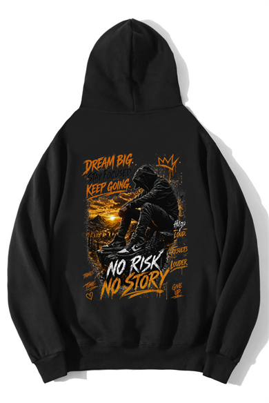 BRZ Collection Unisex Oversize No Risk No Story Hoodie Siyah