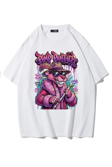 BRZ Collection Unisex Oversize Ön Baskılı Pimp Panther T-shirt (BEYAZ)