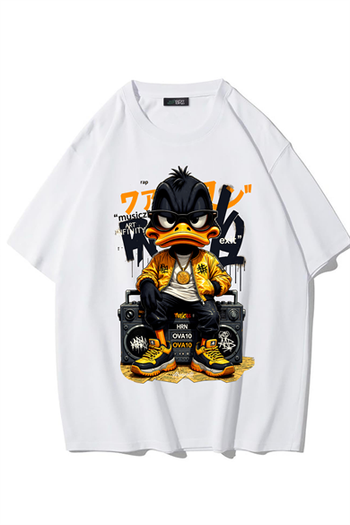 BRZ Collection Unisex Oversize Ön Baskılı Duck T-shirt (BEYAZ)