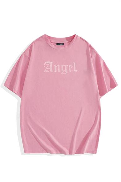 BRZ Collection Unisex Oversize Pembe Angel Kristal Taş Baskılı T-shirt